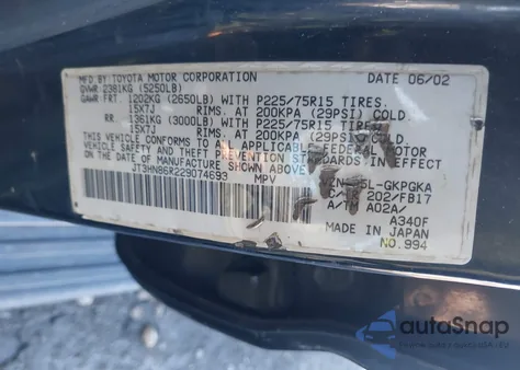 2002 Toyota 4Runner Sr5 V6 из США, поврежденный, VIN JT3HN86R229074693